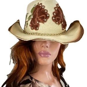 SCALA WESTERN Embellished Straw COWBOY HAT Size S/M Perfect for FESTIVAL